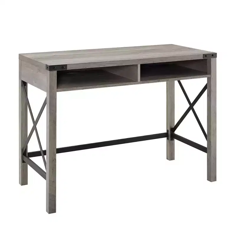 Gray Wash Farmhouse X-Frame Writing Desk with 2 Open Cubbies & Cord Management