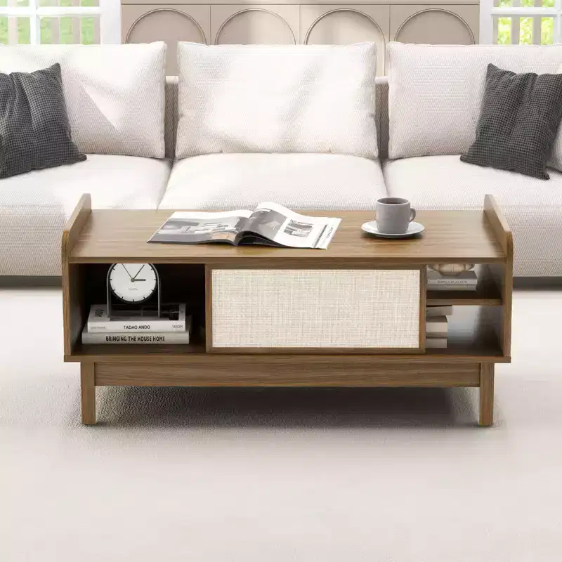 Mid Century Modern Coffee Table with Rattan Sliding Doors and Adjustable Shelf