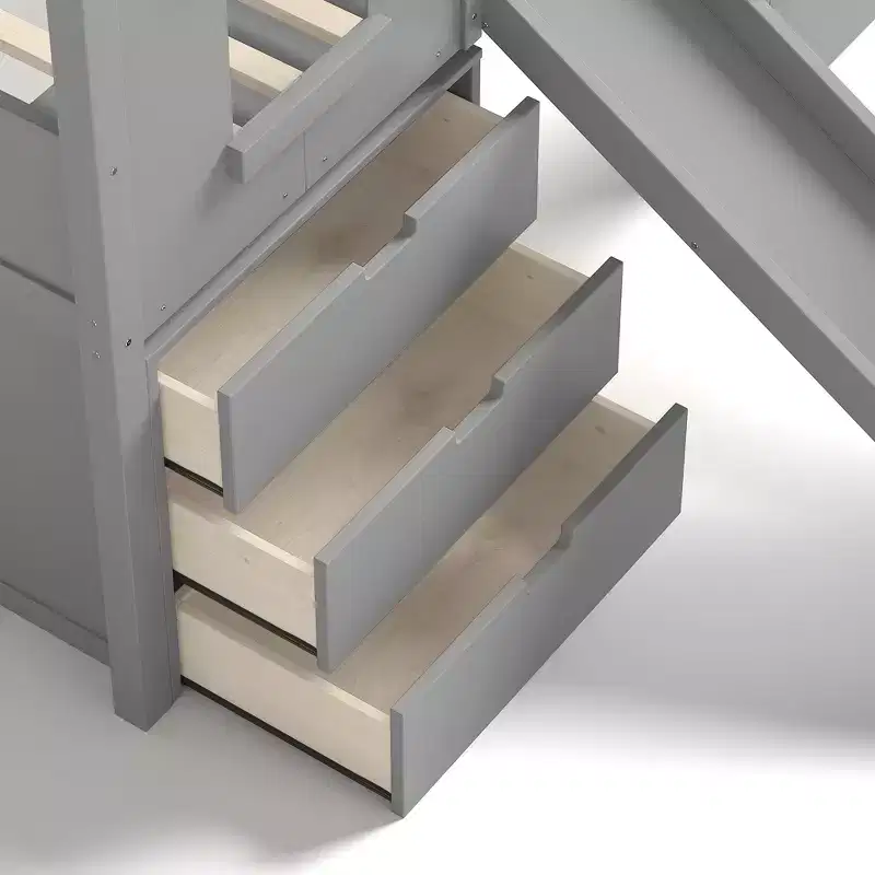 Wood Twin Loft Bed with Slide, Removable Desk & Storage Stairs