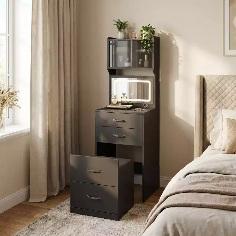 Compact Vanity, Make Up Vanity Desk with Mirror, Vanity Table Set, Girls Small Vanity and Storage Chair