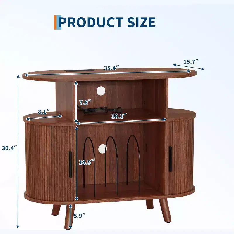 Record Player Stand with Storage and Charging Station, Large Round Vinyl Record Cabinet,Modern Turntable Stand for Living Room,Bedroom