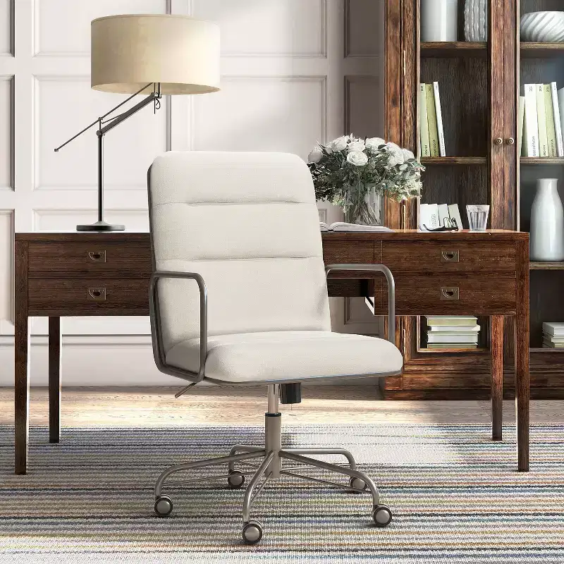 Modern Desk Chair Cream/White: Upholstered, Swivel, Adjustable Height, Wood & Metal Frame