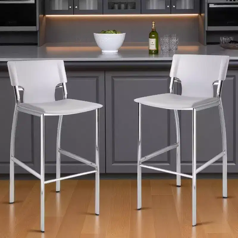 Set of Two 29 White and Silver Metal and Faux Leather Low Back Bar Height Bar Chairs