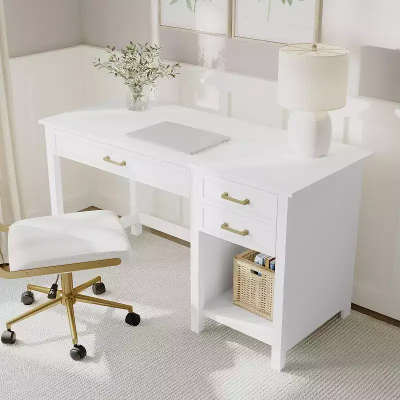 Martha Stewart Hutton Shaker Style Home Office Desk with 2 Side Drawers in White with Polished Brass Hardware