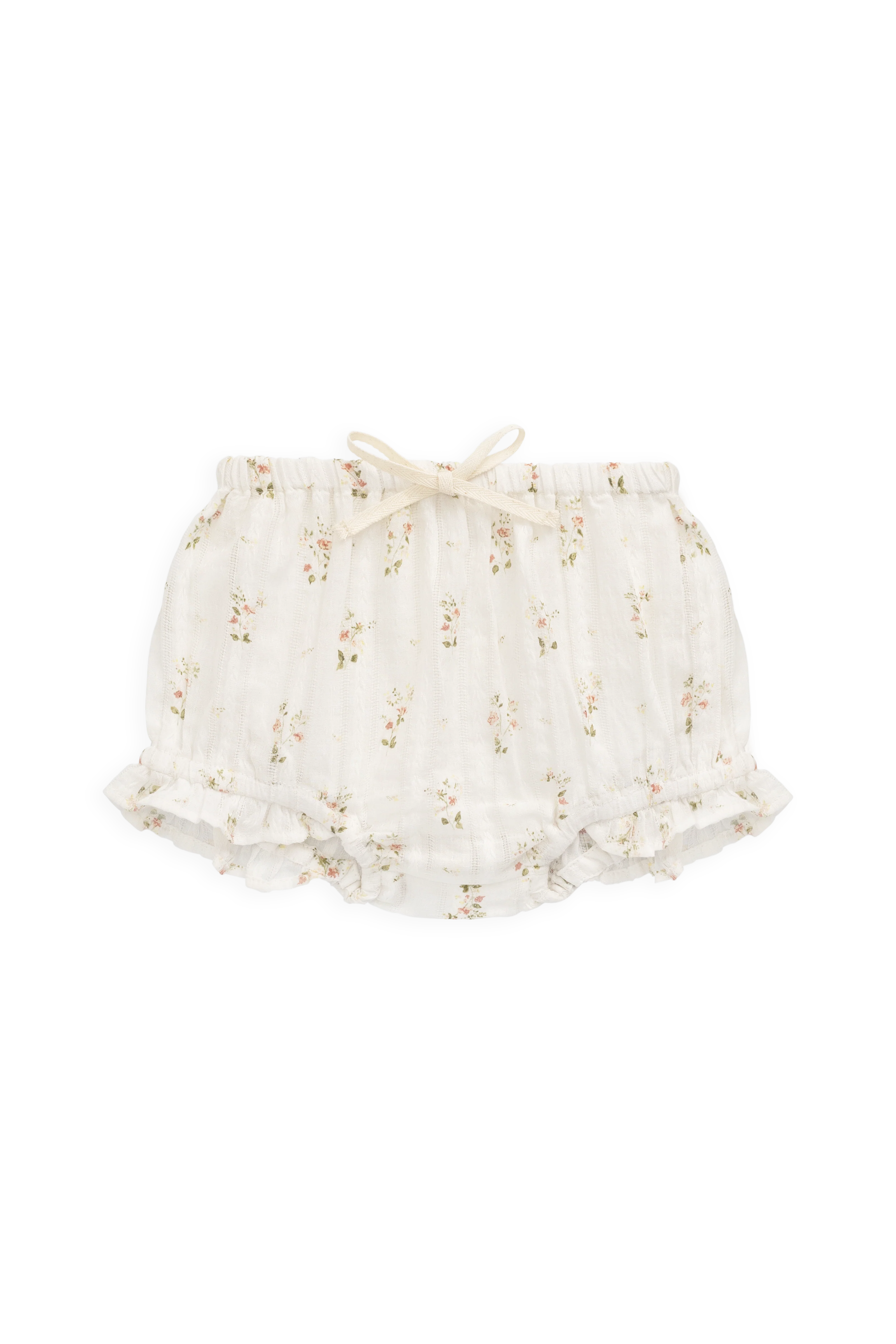 Heirloom Egret Floral Organic Cotton Bloomer with Frill Legs & Decorative Drawstring for Baby Girls 0–3Y
