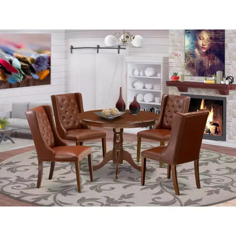 Brown Faux Leather Round Dining Set, 5-Piece, Seats 4
