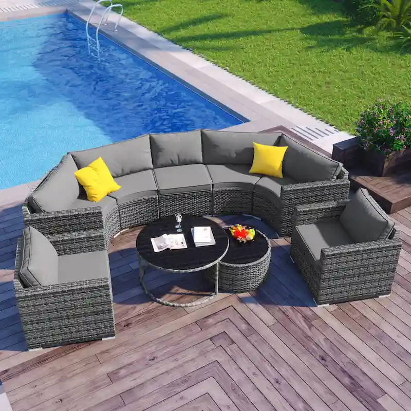 9-Piece Half-Moon Sectional Set with Nesting Table & Armchairs