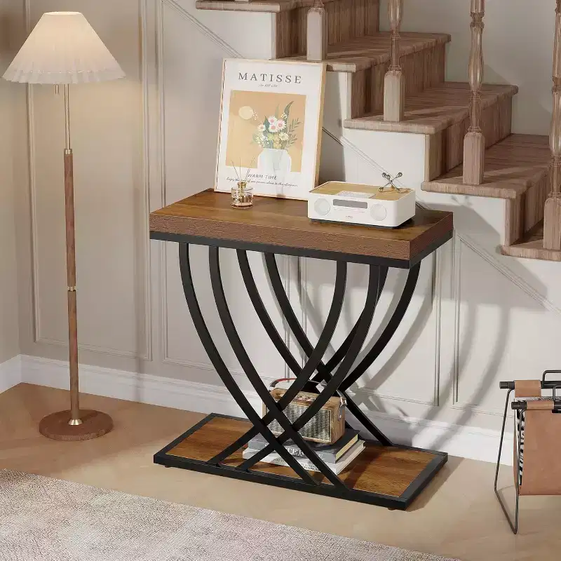 Lantine 2-Piece Side Table Set: Narrow 2-Tier Industrial End Tables with Metal Frame, Rustic Brown, Ideal for Living Room, Bedroom, Small Spaces.
