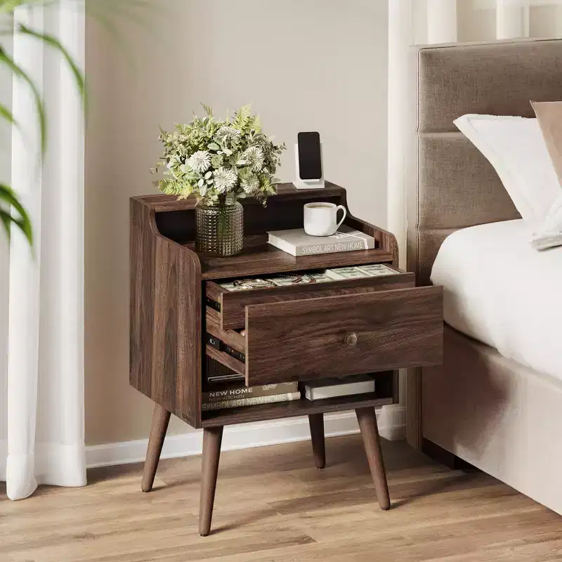 Nightstands, Set of 2, Bedside Tables with Hidden Drawers, Mid-Century End Tables with Solid Wood Legs