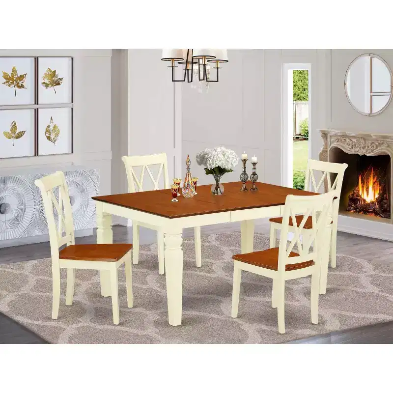 Medieval Dining Set 5Pc Table & Chairs - 42/60 Inch Rectangular Table with Leaf - Double X Back Design