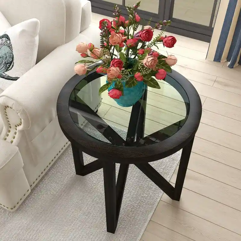 Modern simple glass coffee table, tempered glass coffee table solid wood base round transparent glass top