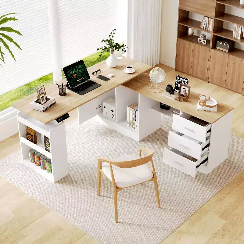 Height - Adjustable Computer Desk Office Desk Standing Desk:L - Shaped Spacious Desktop, Storage Cabinets