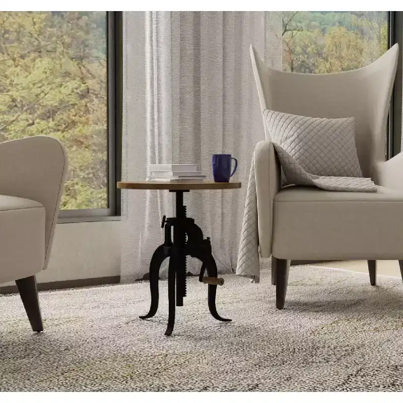 Adjustable Height Crank Accent Table – Mango Wood Top & Cast Iron Frame, 19