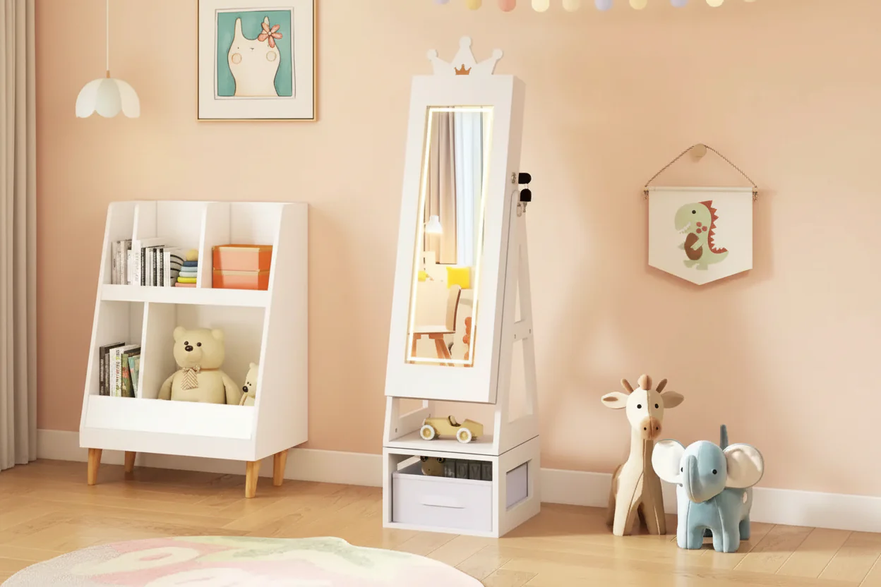 Kids Swivel Jewelry Cabinet with Lights & Full-Length Mirror