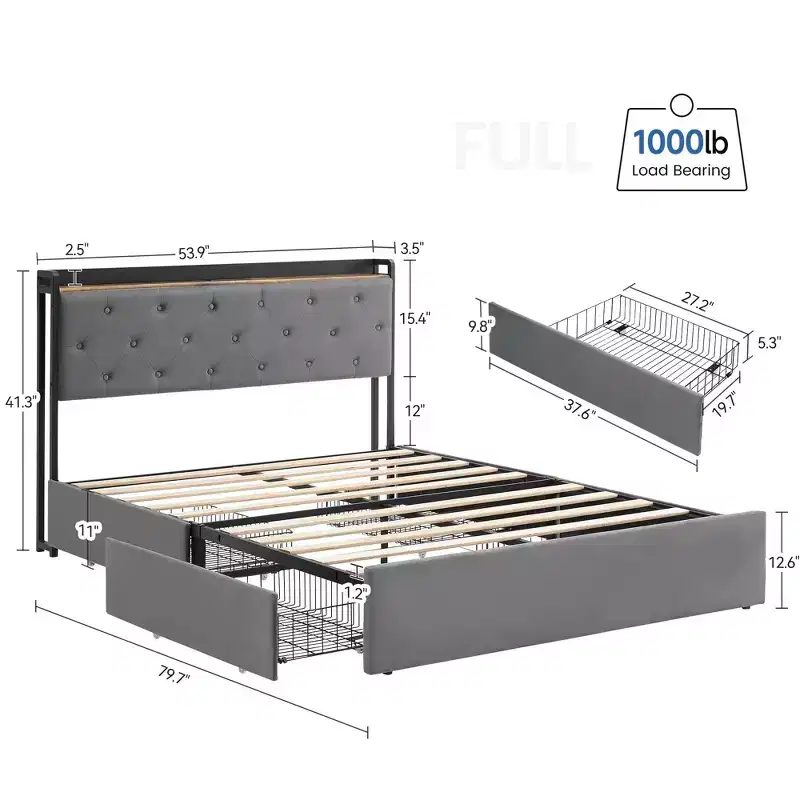 Bed Frame with 4 Storage Drawers and Charging Station, Upholstered Bed Frame with Storage Headboard -No Box Spring Needed