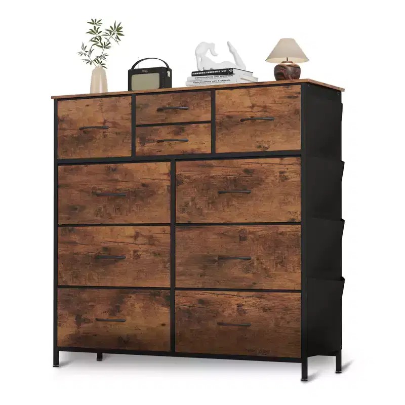 10 Drawer Fabric Dresser Bedroom Storage Organizer Chest with Steel Frame Rustic Brown