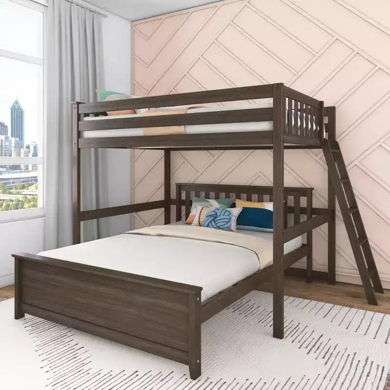 Max & Lily Bunk Bed, L Shaped Full-Over-Queen Bed Frame for Kids with Ladder on End, Solid Wood Bunk Bed for Kids, No Box Spring Needed