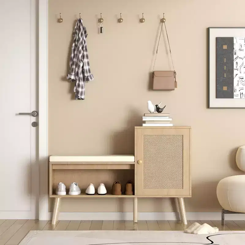 Boho Style Rattan Shoe Bench with Shelf, Door & Removable Cushion – Natural