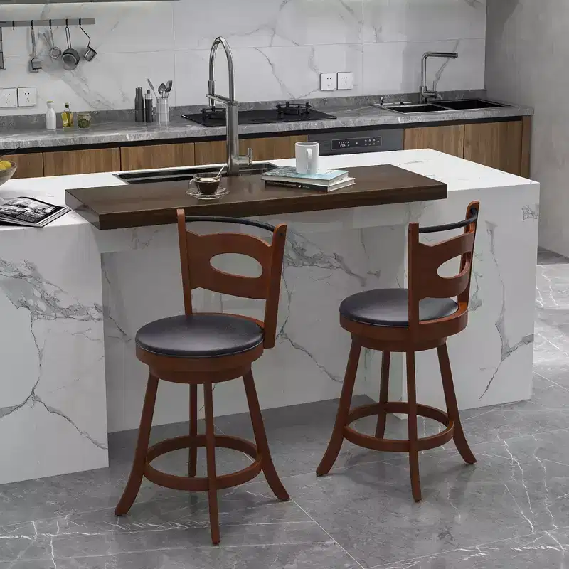 Costway Set of 2 Bar Stools 360 Swivel Dining Chairs Solid Rubber Wood Leather Padded Seat Counter Height
