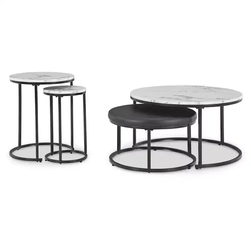 Signature Design by Ashley Jusmour Occasional Nesting Table and Ottoman Set, Faux Marble Top with Black Frame