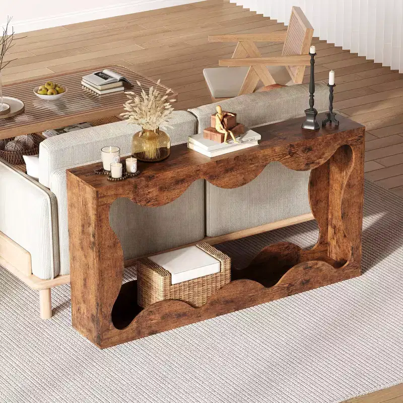 63-Inch Scalloped Entryway Console Table, Narrow Wooden Sofa Table for Living Room, Hallway and Entrance