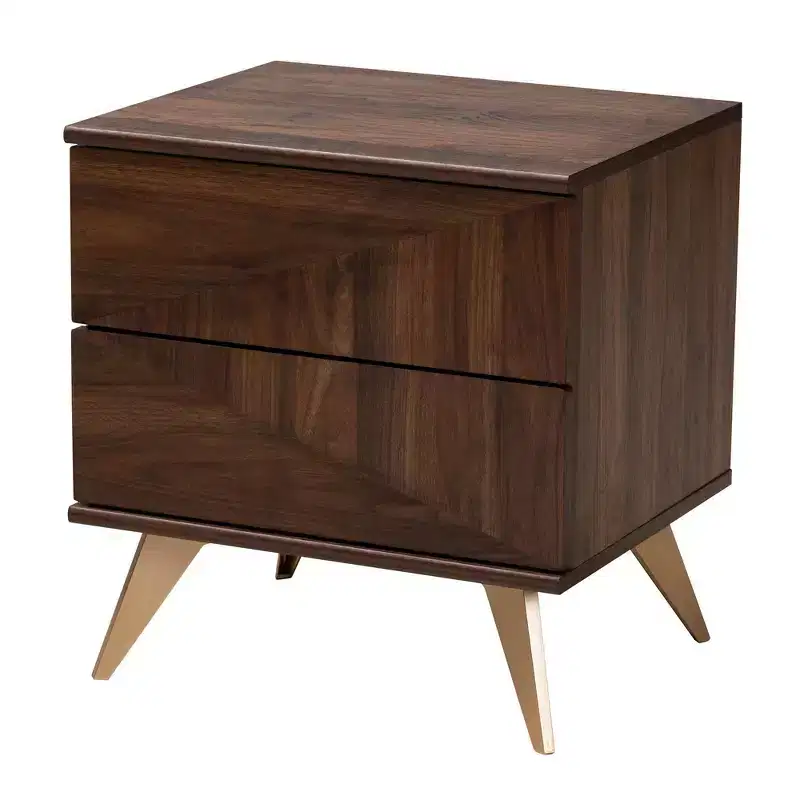 Graceland 2 Drawer Wooden Nightstand Walnut Brown/Gold - Baxton Studio