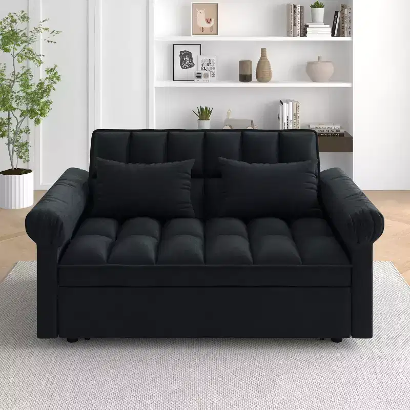 EHMKNP Flannel Uphosltered Loveseats Sofa Bed with Pull-out Bed,Adjsutable Back