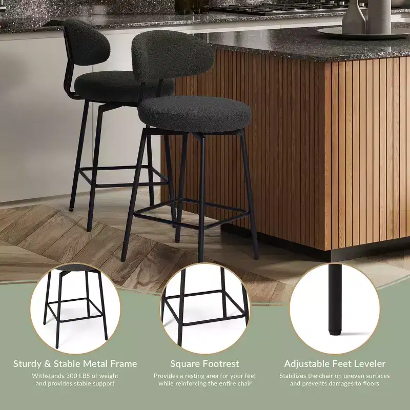 Modern Upholstered Faux Shearling Fabric Counter Height Bar Stools with Back (Set of 2