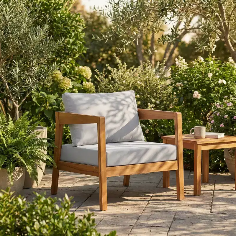 Christopher Knight Home Marine Farmhouse Acacia Wood Upholstered Patio Lounge Chair with Cushion