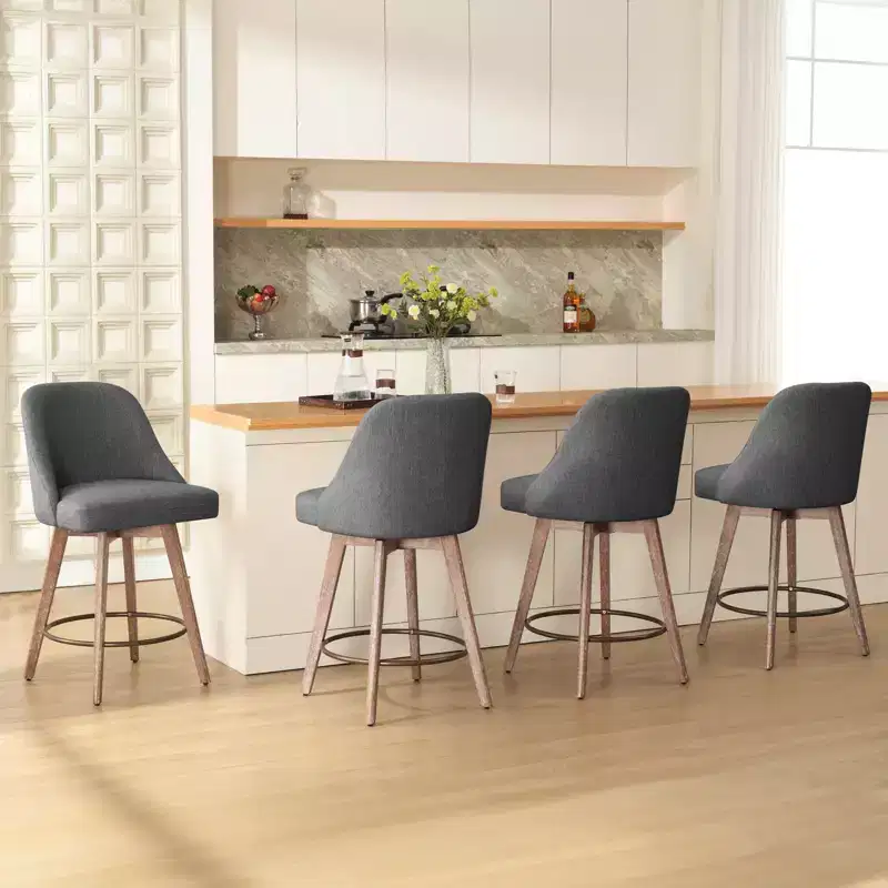 Bekrvio 26'' Counter Height Swivel Bar Stools Set of 4 Backs and Wood Legs,Linen Fabric/PU Leather Upholstered Barstools for Kitchen Island