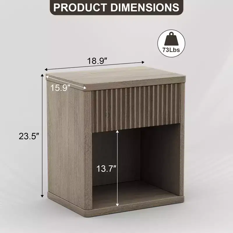 Dyonery Fluted Nightstand,Large Bedside Table for Bedroom,Modern Night Stand with Drawer Storage,Mid Century Wood End Table for Sofa