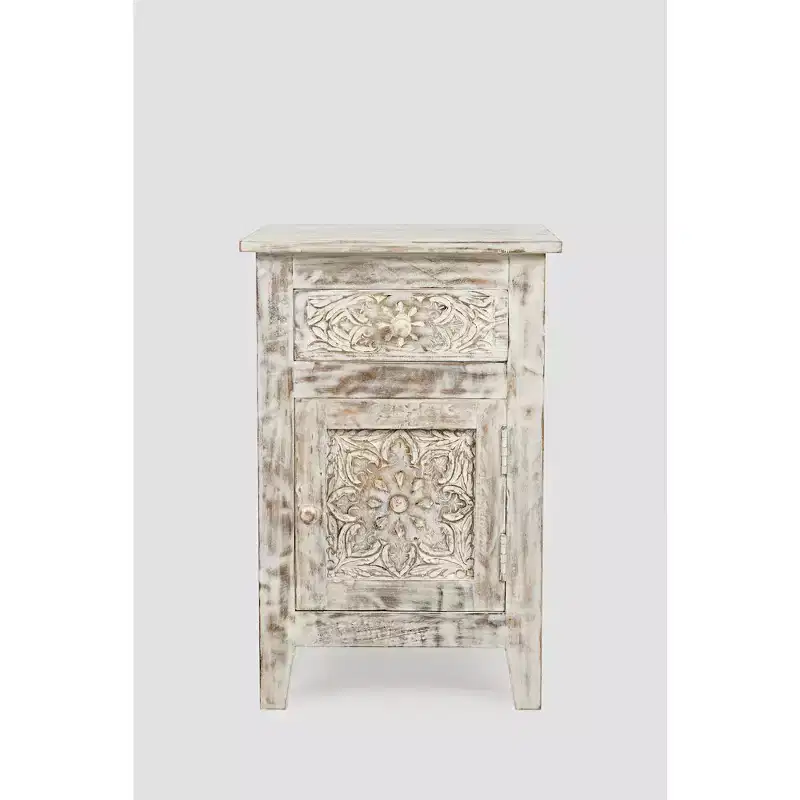 Jofran,Global Archive Hand Carved Mango Wood Accent Table- White Color