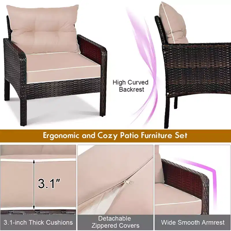 Costway 5 PCS Rattan Wicker Furniture Set Sofa Ottoman W/Brown Cushion Patio Garden Yard