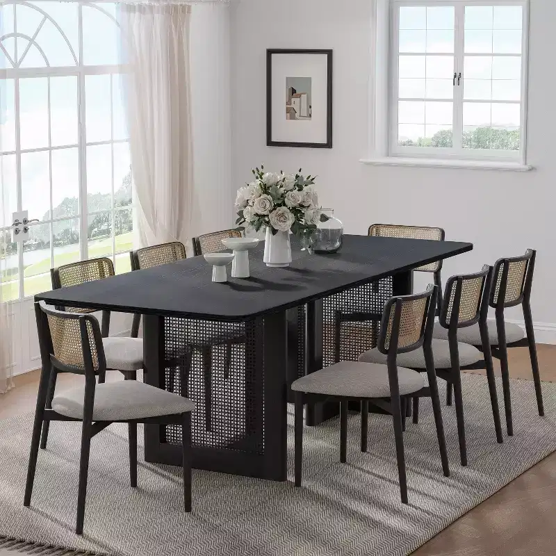 79 x 33.5 Farmhouse Kitchen Dining Room Table Furniture Square Black Kitchen Table with Rattan Woven Legs for Kitchen Bar Living Room
