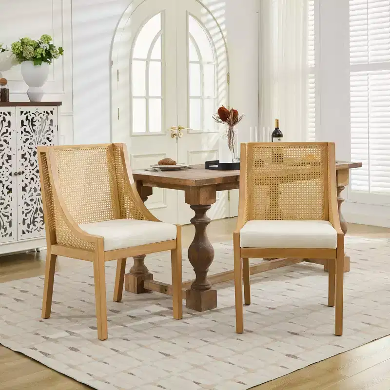Rattan Dining Chair, Solid Wood Frame, Decorative Armrests, Linen Seat, Rustic Style, Natural Finish, Single Pack