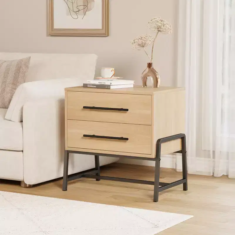 Mid Century Modern Bedside Table with 2 Storage Drawers, Nightstand,Light Wood & Metal Legs Side Table for Bedroom, Living Room, Light Wood