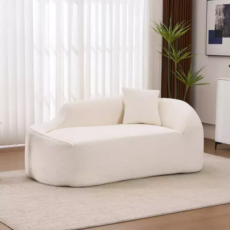 Compression Curved Chaise Longue, Modern Chenille Loveseat Couch with Deep Seat Sofa Bed, 1 Pillow - Milk White