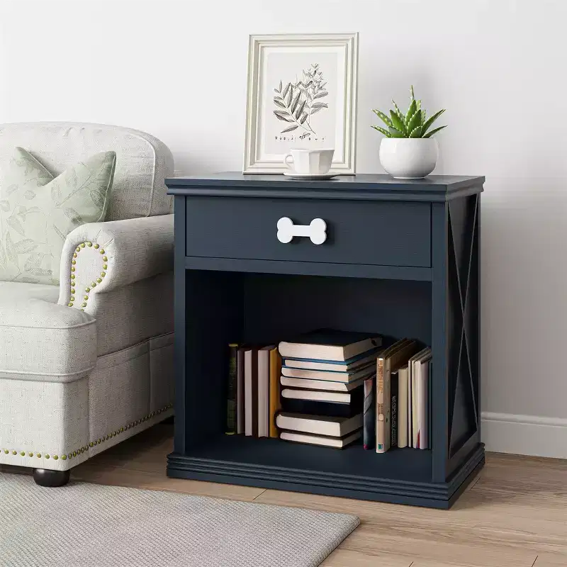 Cat Litter Box Enclosure Furniture with Storage Drawer & LED Light, Hidden Litter Cabinet Nightstand, Navy Blue End Table
