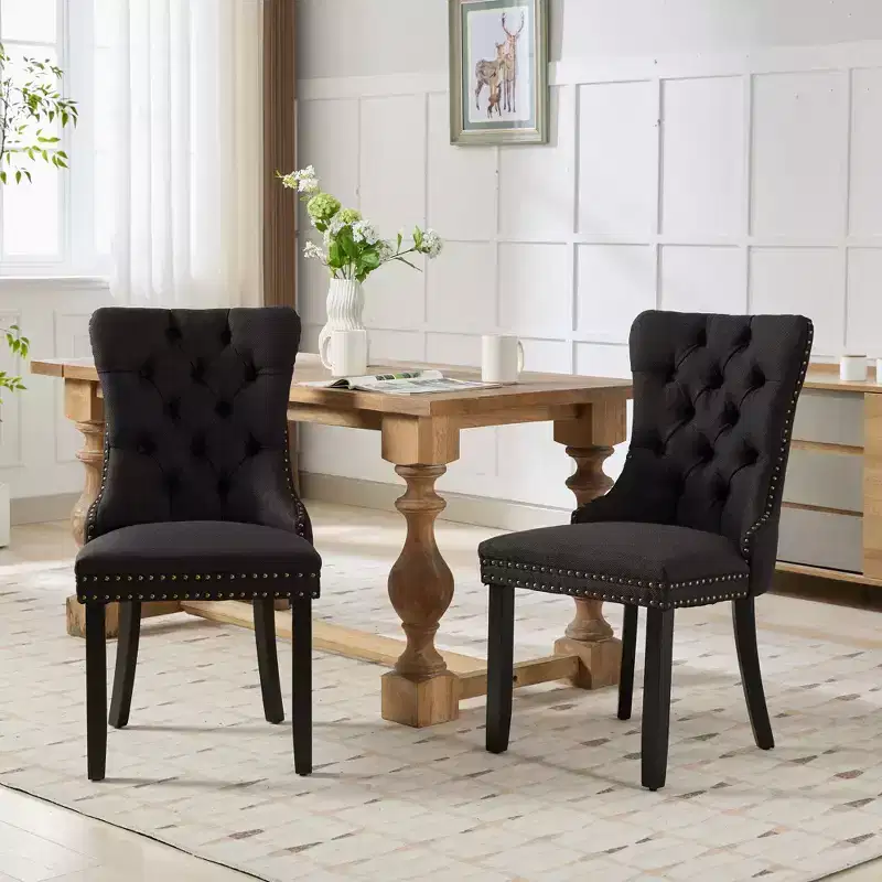 CLIHOME Set of 2 High-end Tufted Solid Wood Contemporary Flax Upholstered Linen Dining Chair with Wood Legs Nailhead Trim