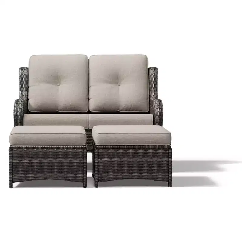 UPTIOT Outdoor 2-Seat Wicker Sofa Set with Dual Multi-Functional Ottomans