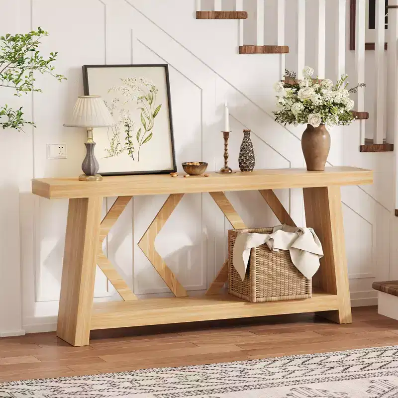 70.9 All-Wood Console Table - 2-Tier Narrow Entryway & Hallway Table - Rustic Brown Farmhouse Sofa Table with Trapezoid Legs