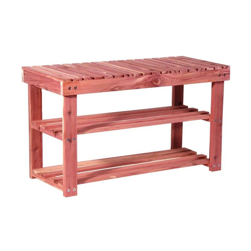 2-Tier Natural Cedar Wood Shoe Rack and Seat Bench for Entryway