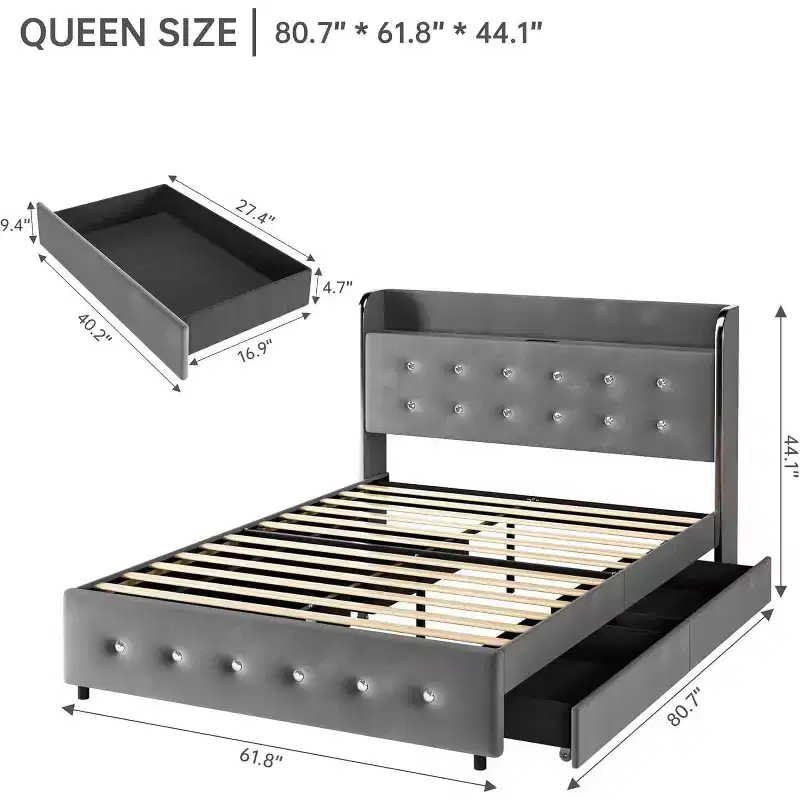 Queen Bed Frame with 4 Storage Drawers, Charging Station, and Headboard Shelves – No Box Spring Required
