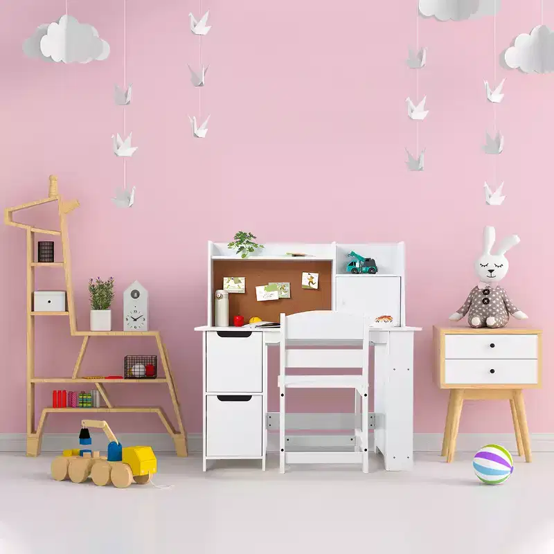 Wooden Kids Desk & Chair Set with Storage Shelf & Bulletin Board - White Study Table Durable Writing Desk for Ages 3+