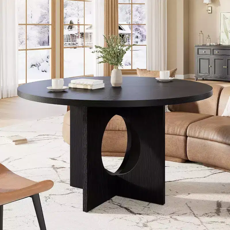 47 Round Dining Table for 4-6 People, Circle Kitchen Tables with Sturdy Pedestal Base, Space Saving Dinning Room Furniture for Dining room, Kitchen