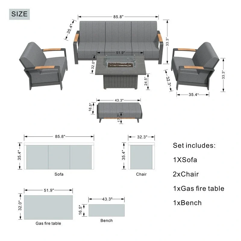 5-Piece Patio Acrylic Sponge Chat Set with Fire Pit Table and Bench