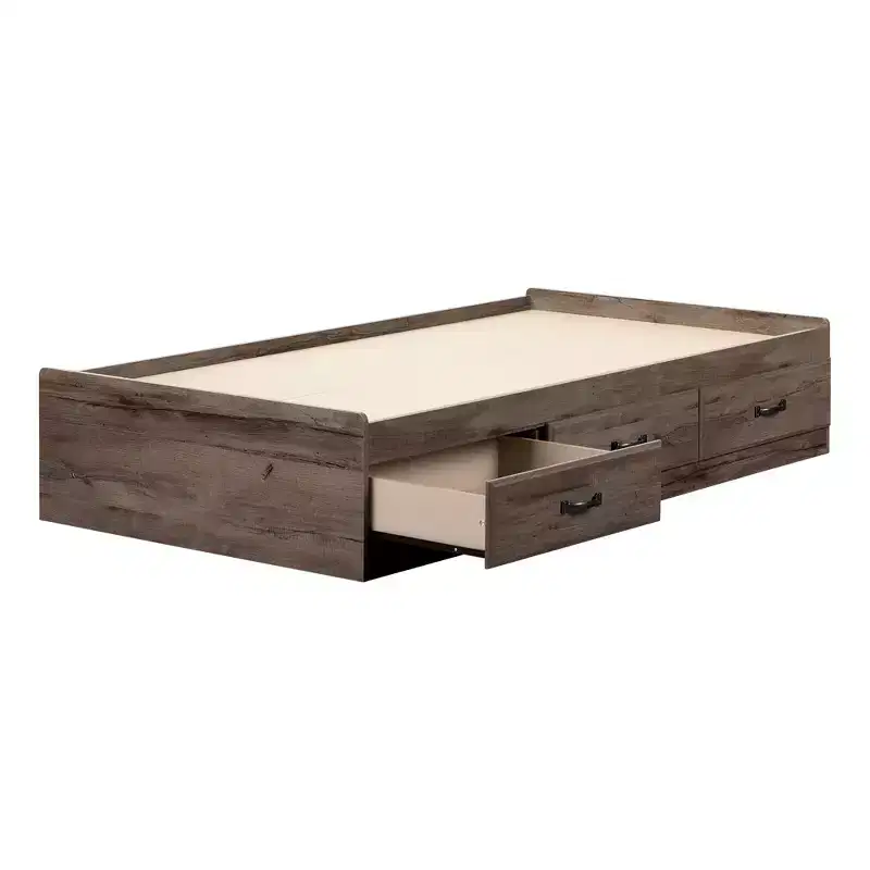 Twin Ulysses Mates Kids' Bed with 3 Drawers Fall Oak - South Shore: Modern Twin Bed Frame, Storage, Unupholstered