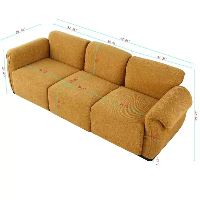 GDFStudio Khalid Modern 93 3-Seater Wood and Iron Chenille Upholstered Sectional Sofa with Split Backrest