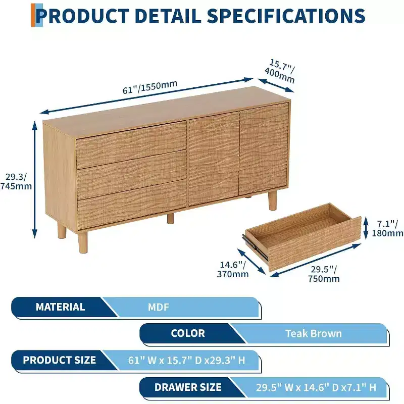 Acekool 61 Mid-Century Sideboard - Natural Wood Buffet Cabinet with 3 Drawers, 2 Doors & Wave Design for Dining Room, Kitchen