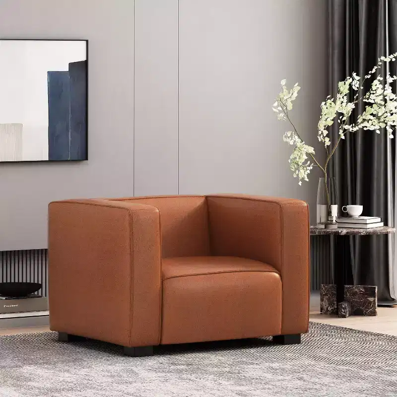 Contemporary Faux Leather Club Chair, Tuxedo Style with Birch Wood Legs